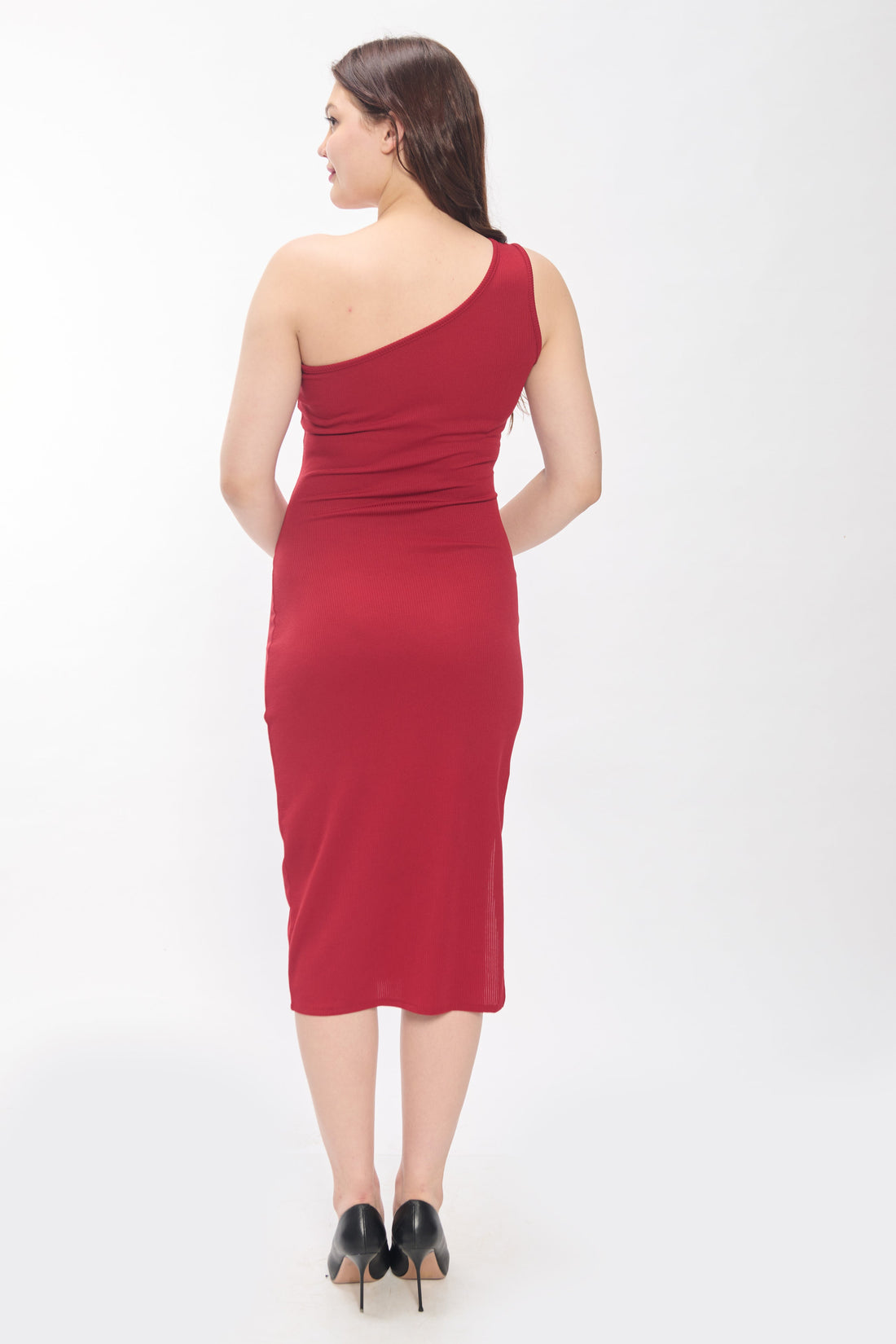 Maroon One Shoulder Bodycon Midi Dress For Women Slit