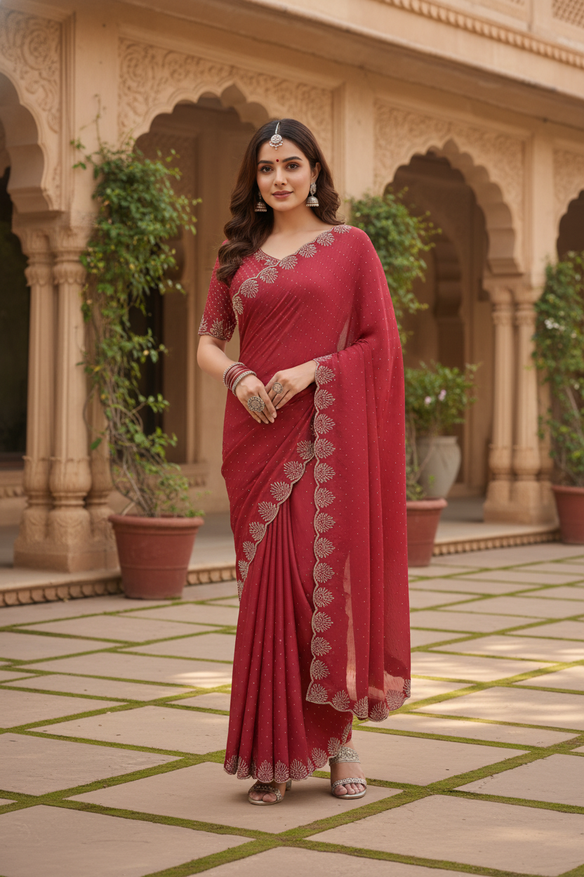 Red Fancy Embroidered Saree with Silver Embroidered – Festive & Wedding Saree for Women