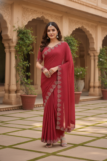 Red Fancy Embroidered Saree with Silver Embroidered – Festive & Wedding Saree for Women
