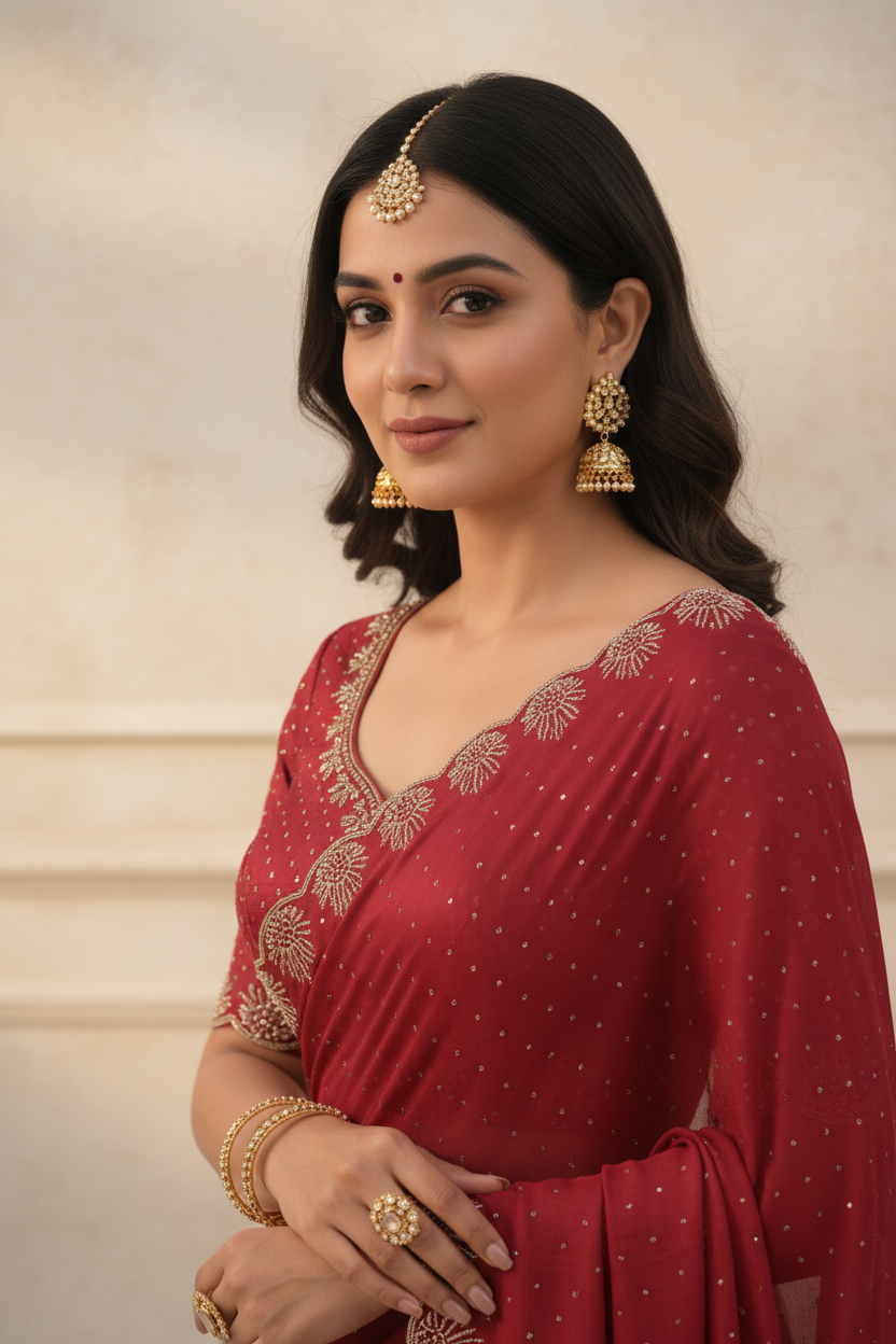 Red Fancy Embroidered Saree with Silver Embroidered – Festive & Wedding Saree for Women