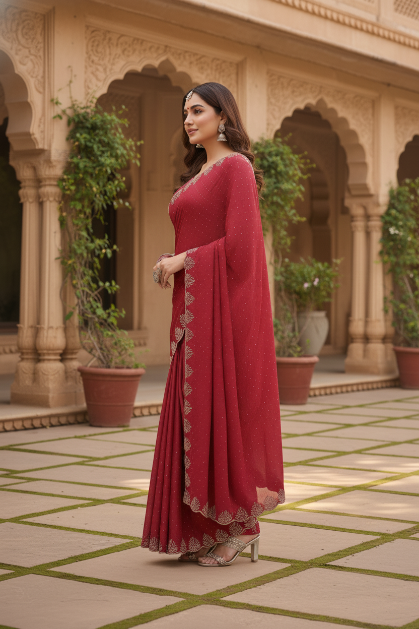 Red Fancy Embroidered Saree with Silver Embroidered – Festive & Wedding Saree for Women