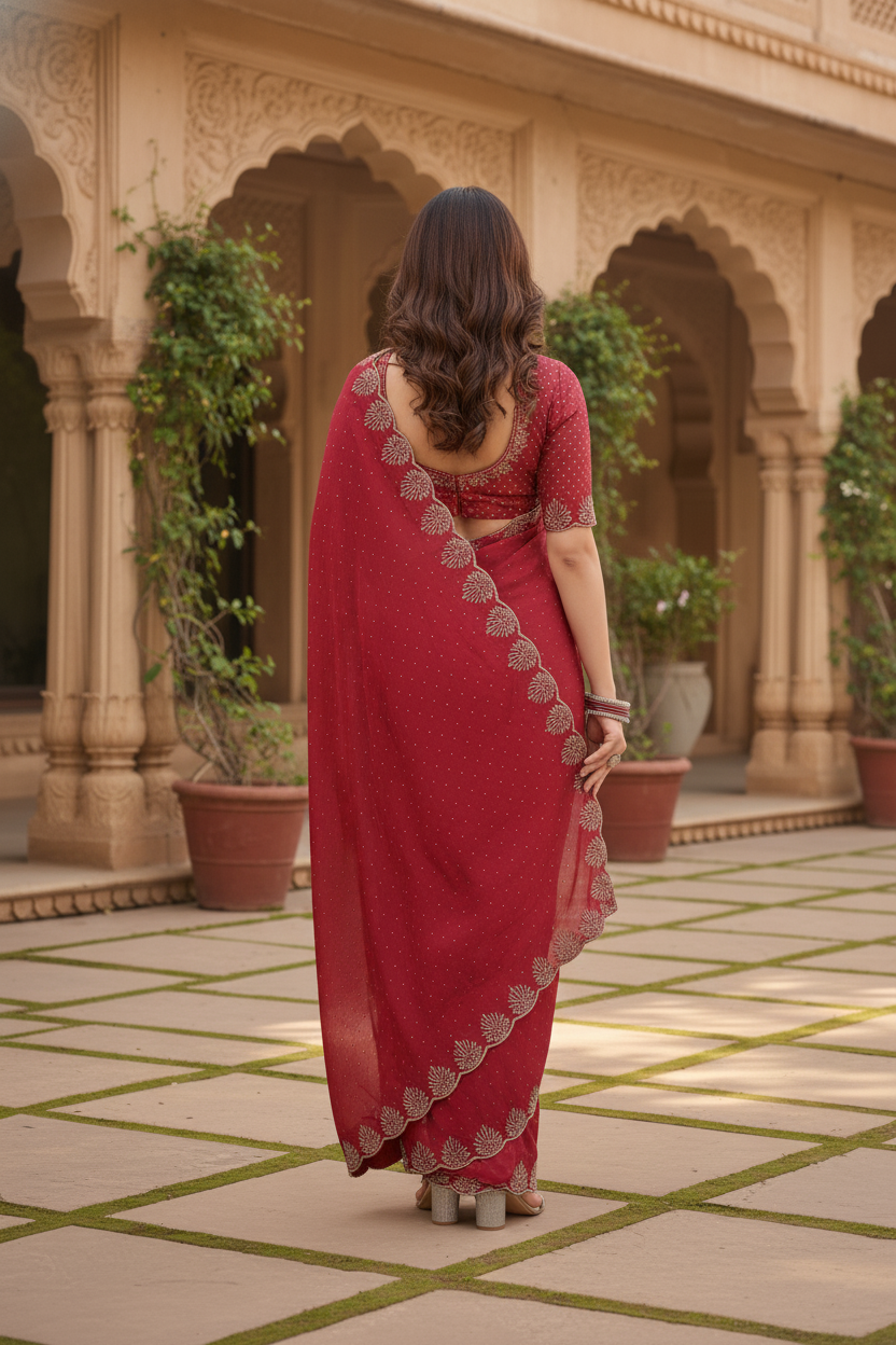 Red Fancy Embroidered Saree with Silver Embroidered – Festive & Wedding Saree for Women