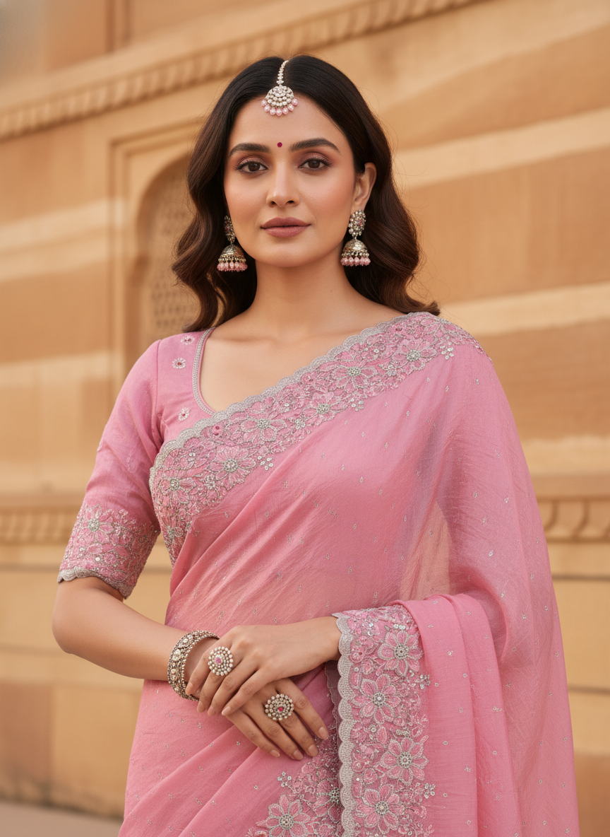 Graceful Baby Pink Fancy Embroidered Saree with Silver Border – Wedding & Festive Collection
