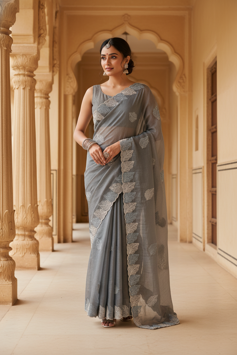 Elegant Grey Embroidered Saree for Women Party & Festive Wear