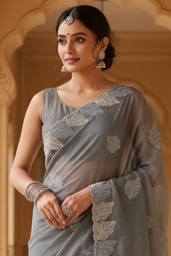 Elegant Grey Embroidered Saree for Women Party & Festive Wear