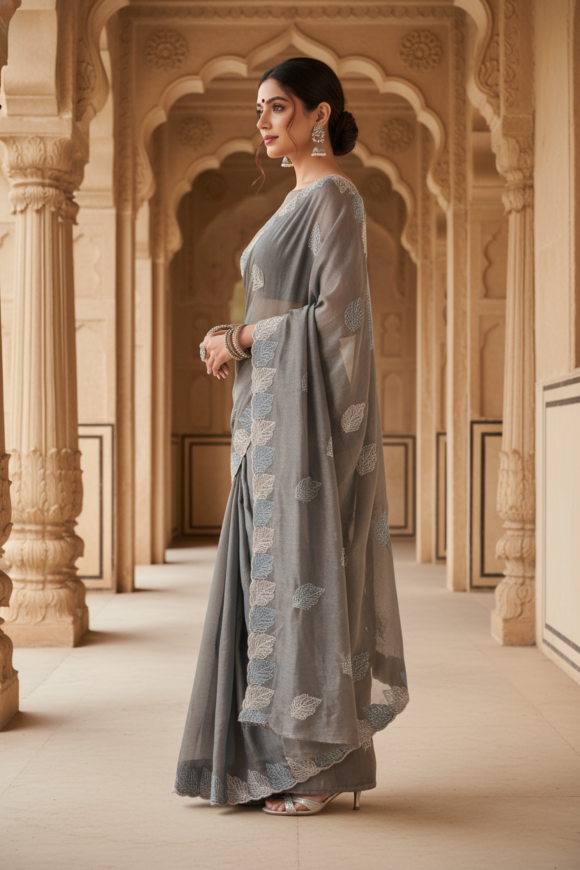 Elegant Grey Embroidered Saree for Women Party & Festive Wear