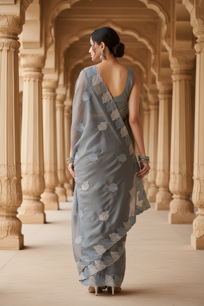 Elegant Grey Embroidered Saree for Women Party & Festive Wear