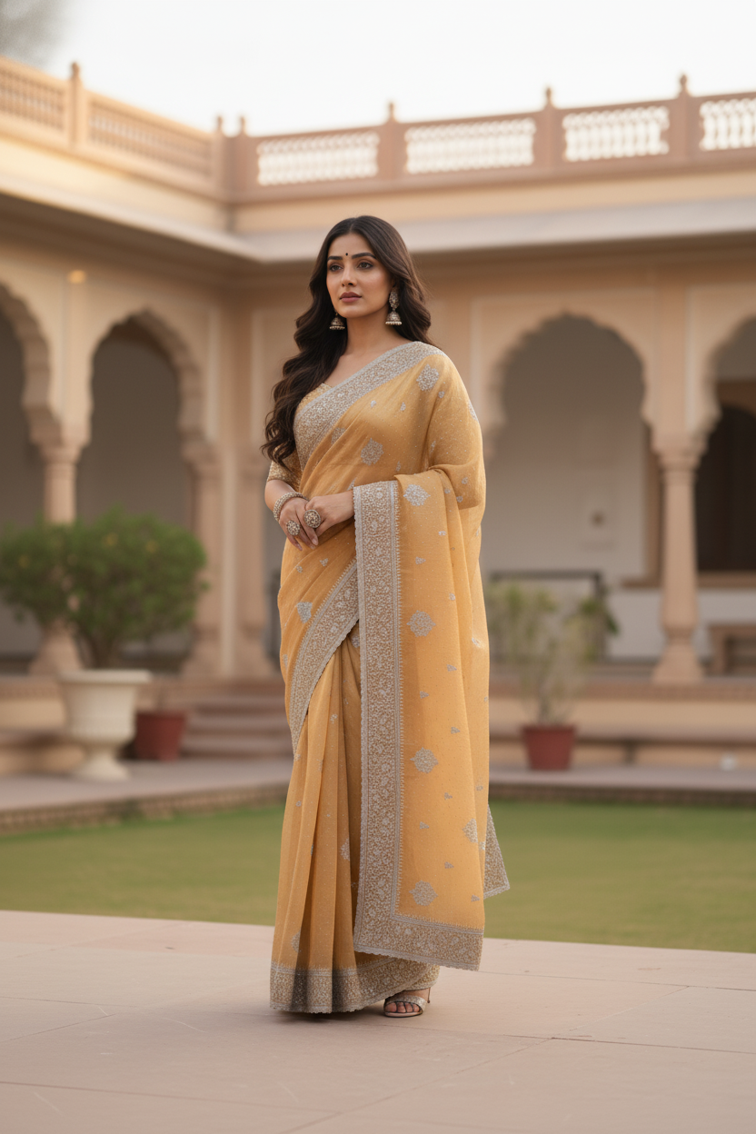 Designer Mustard Yellow Saree with Silver Fancy Embroidery in Traditional Festive Wear