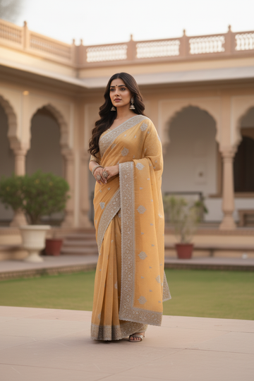 Designer Mustard Yellow Saree with Silver Fancy Embroidery in Traditional Festive Wear