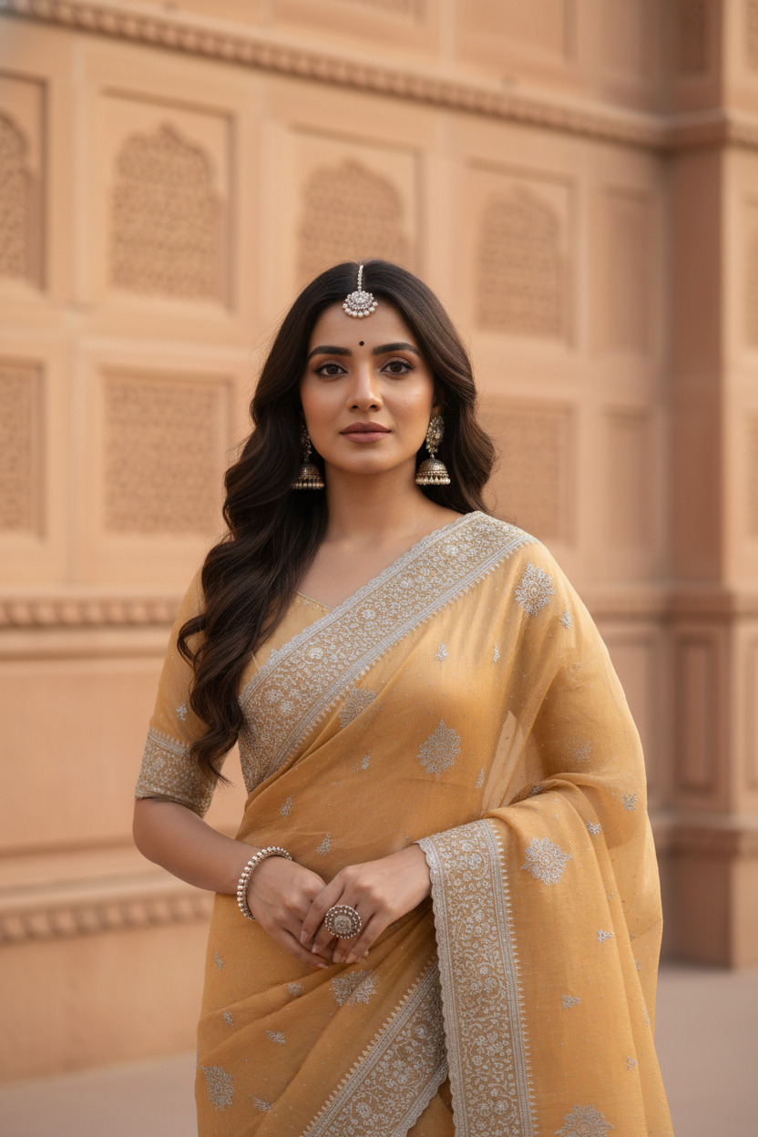 Designer Mustard Yellow Saree with Silver Fancy Embroidery in Traditional Festive Wear