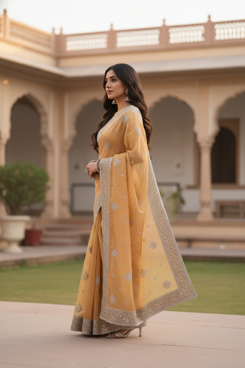 Designer Mustard Yellow Saree with Silver Fancy Embroidery in Traditional Festive Wear