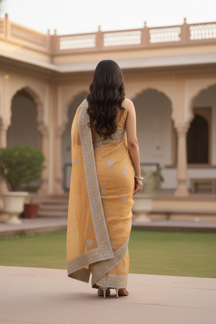Designer Mustard Yellow Saree with Silver Fancy Embroidery in Traditional Festive Wear