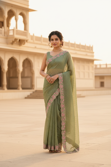 Olive Green Fancy Embroidered Saree with Pink Border – Elegant Traditional Wear