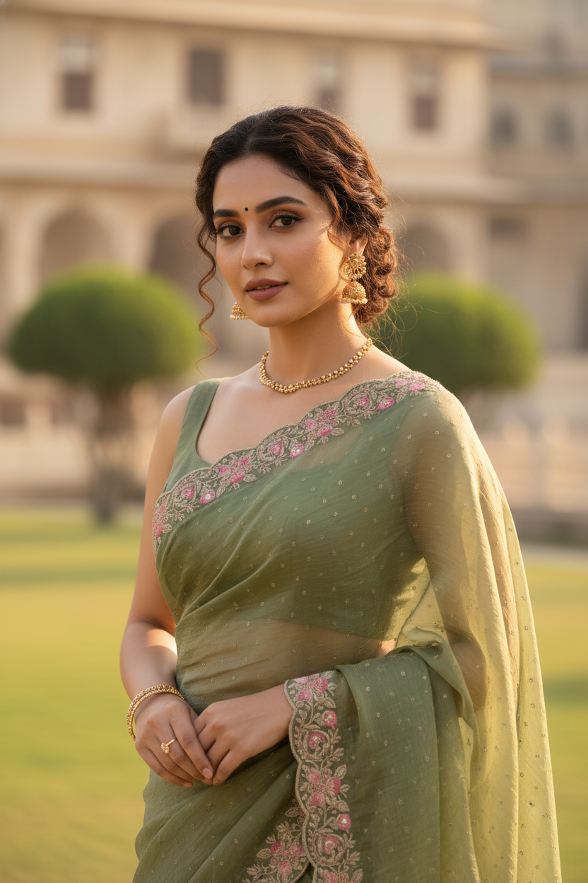Olive Green Fancy Embroidered Saree with Pink Border – Elegant Traditional Wear