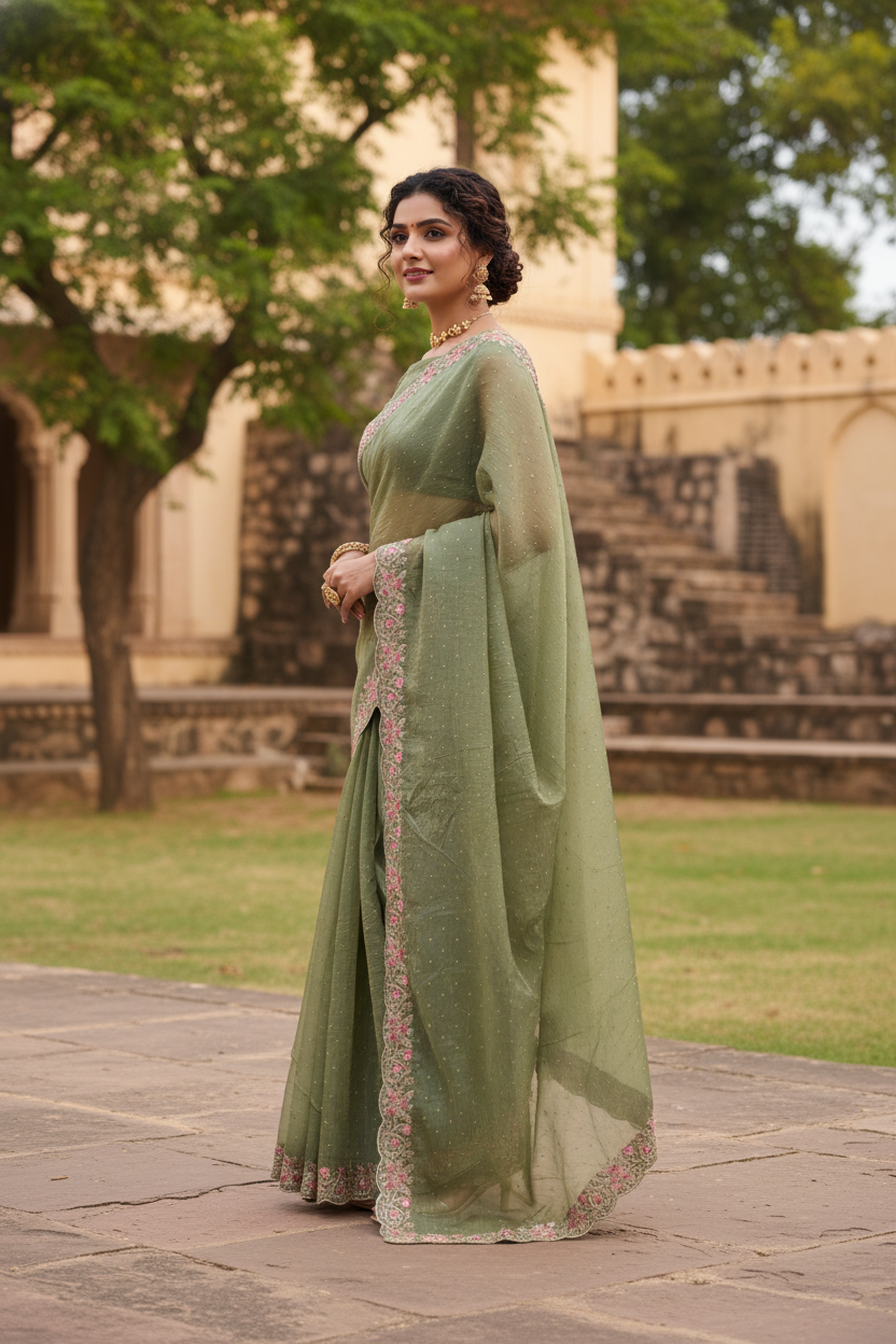 Olive Green Fancy Embroidered Saree with Pink Border – Elegant Traditional Wear
