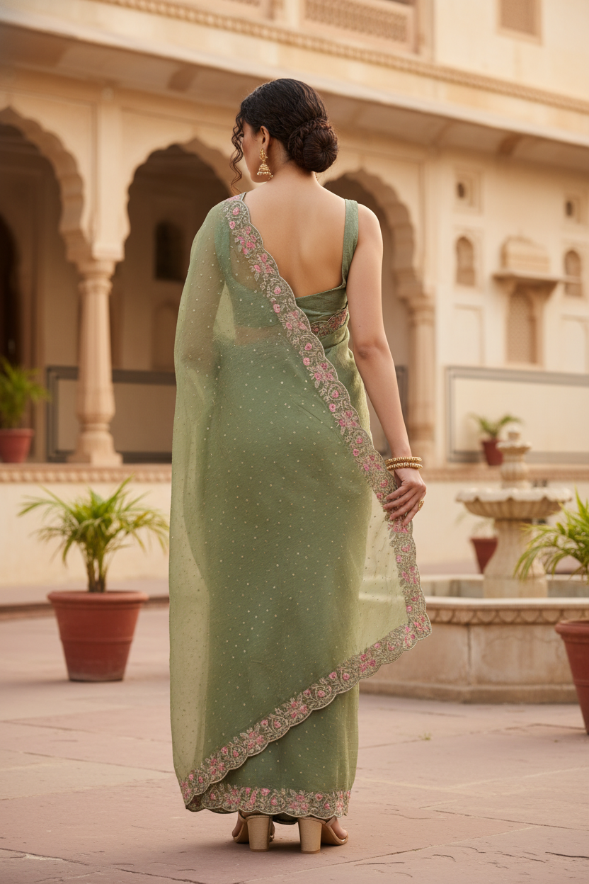 Olive Green Fancy Embroidered Saree with Pink Border – Elegant Traditional Wear