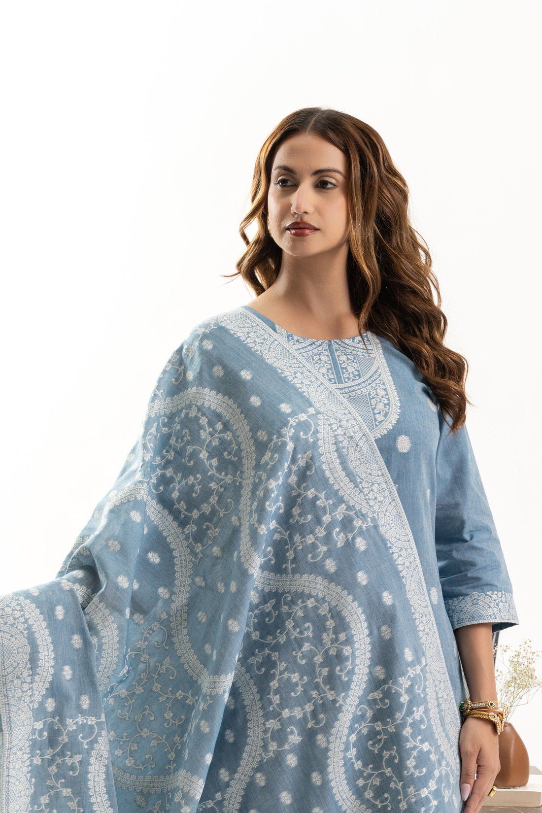 Blue Polka Jacquard Cotton Kurta Set with Dupatta
