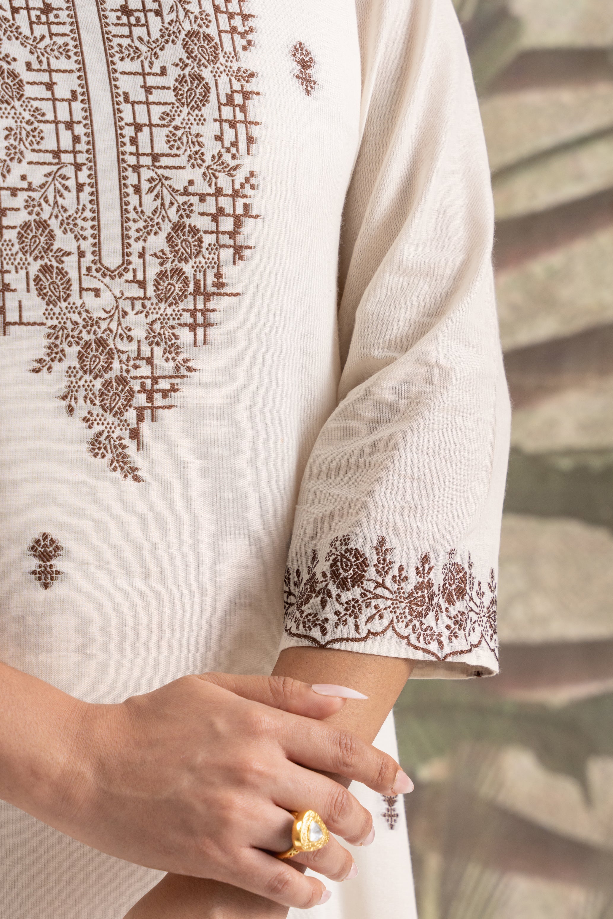 Cream Jacquard-print Cotton Kurta Set with Dupatta