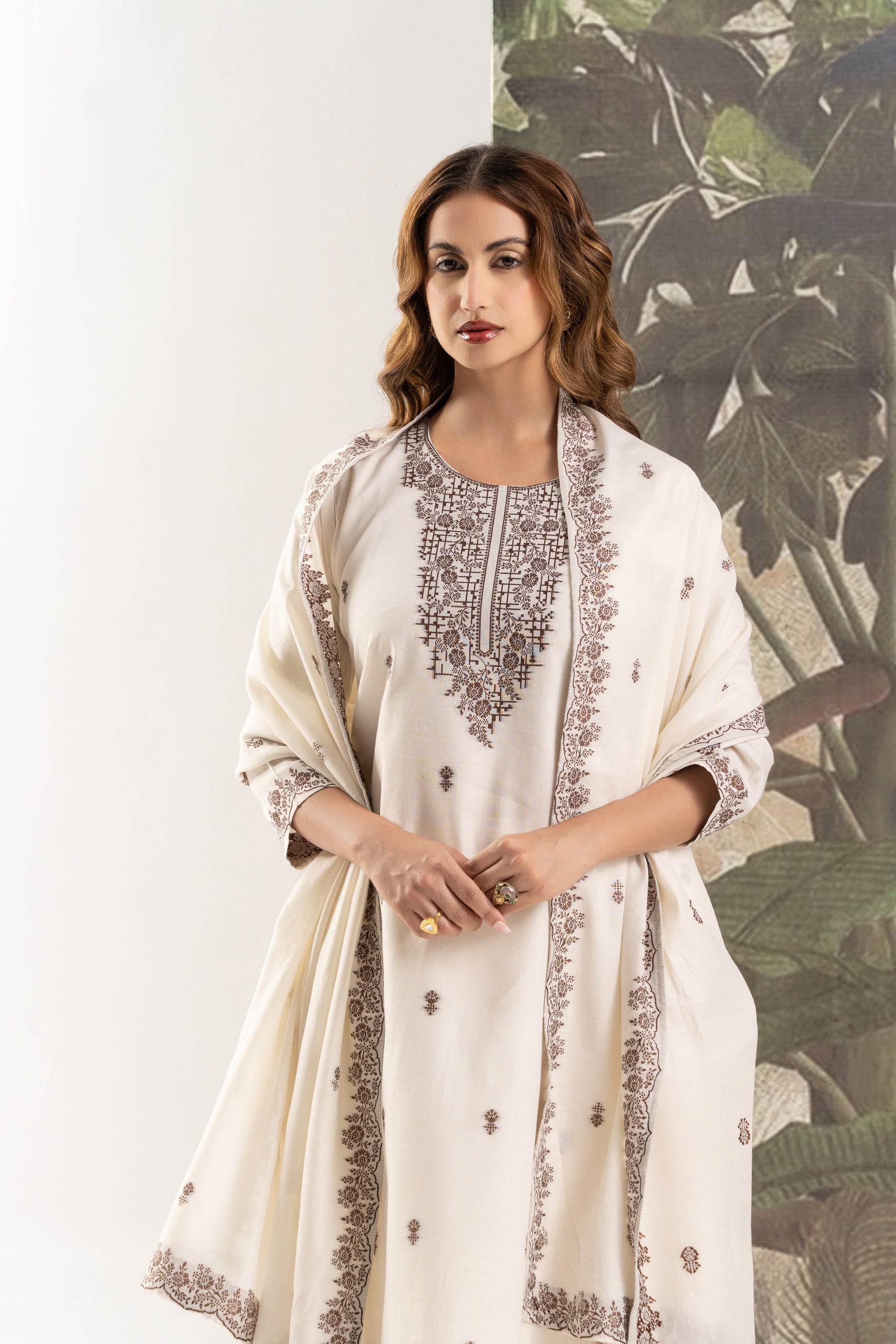 Cream Jacquard-print Cotton Kurta Set with Dupatta