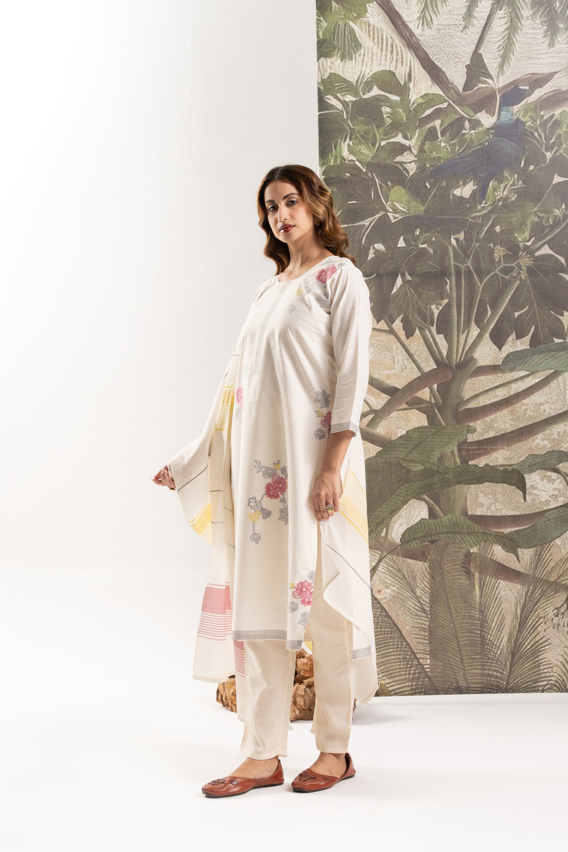 Cream Floral Jacquard Cotton Kurta Set with Dupatta