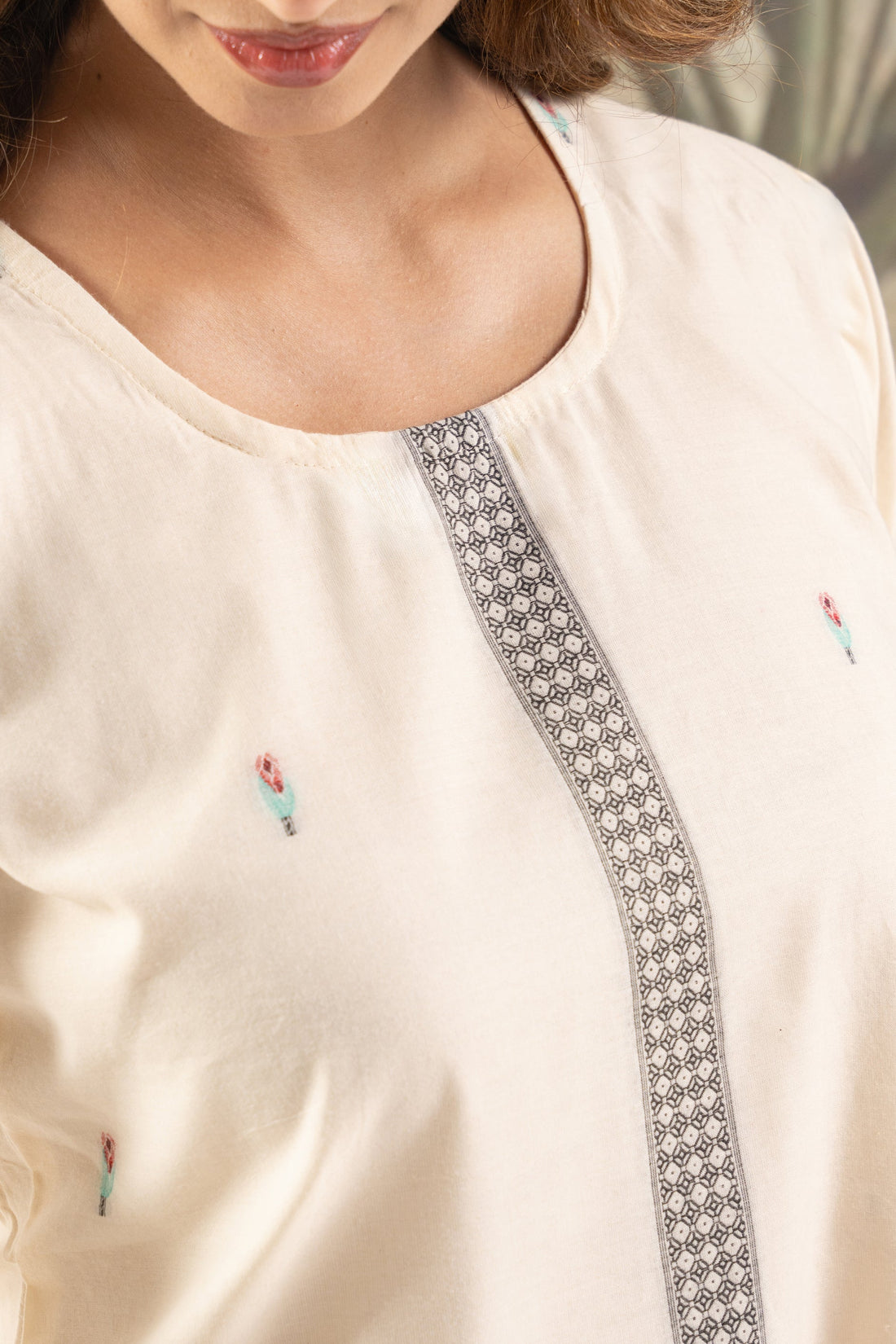 Off-White Floral Cotton Kurta Set with Dupatta