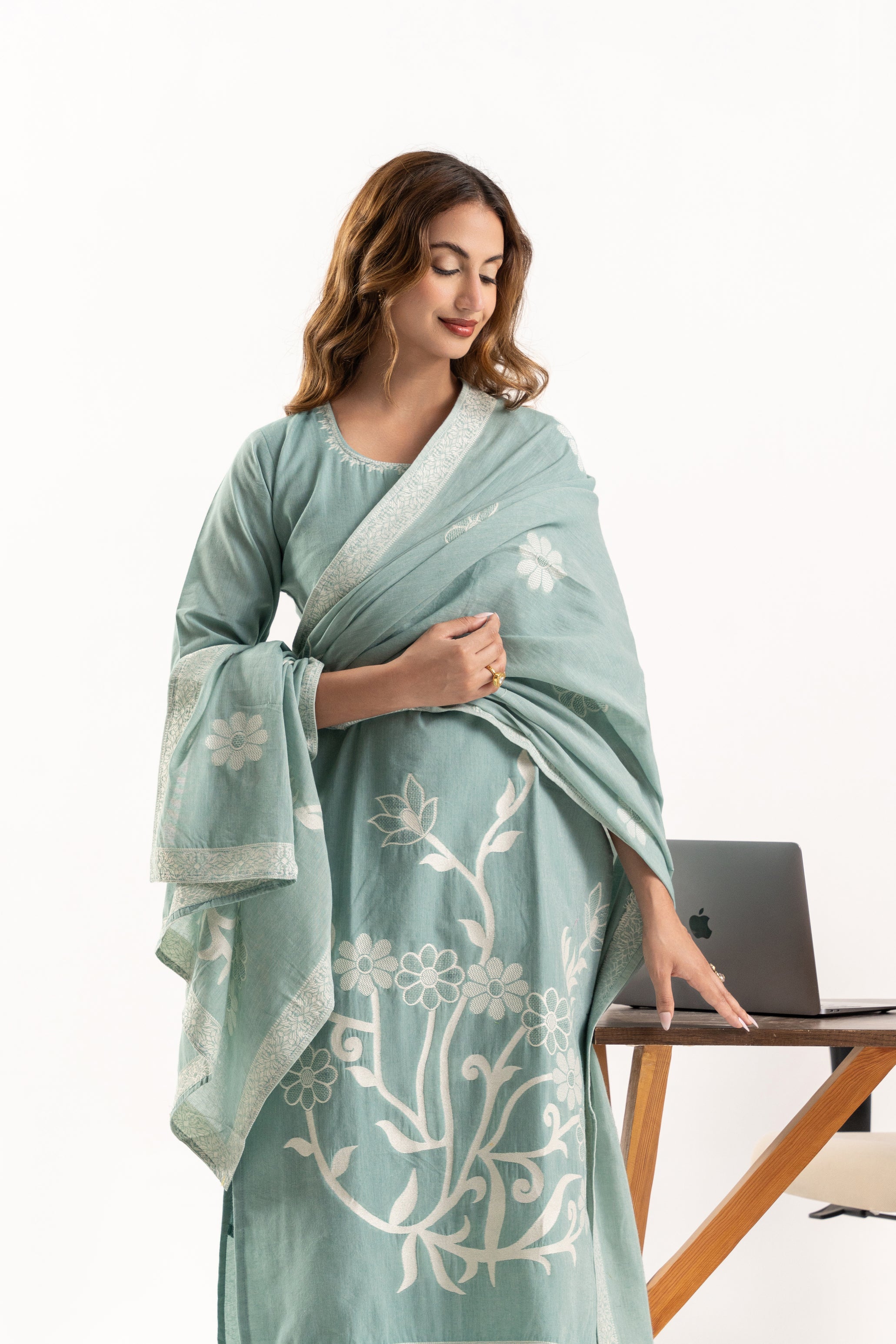 Green Floral Cotton Kurta Set with Matching Dupatta