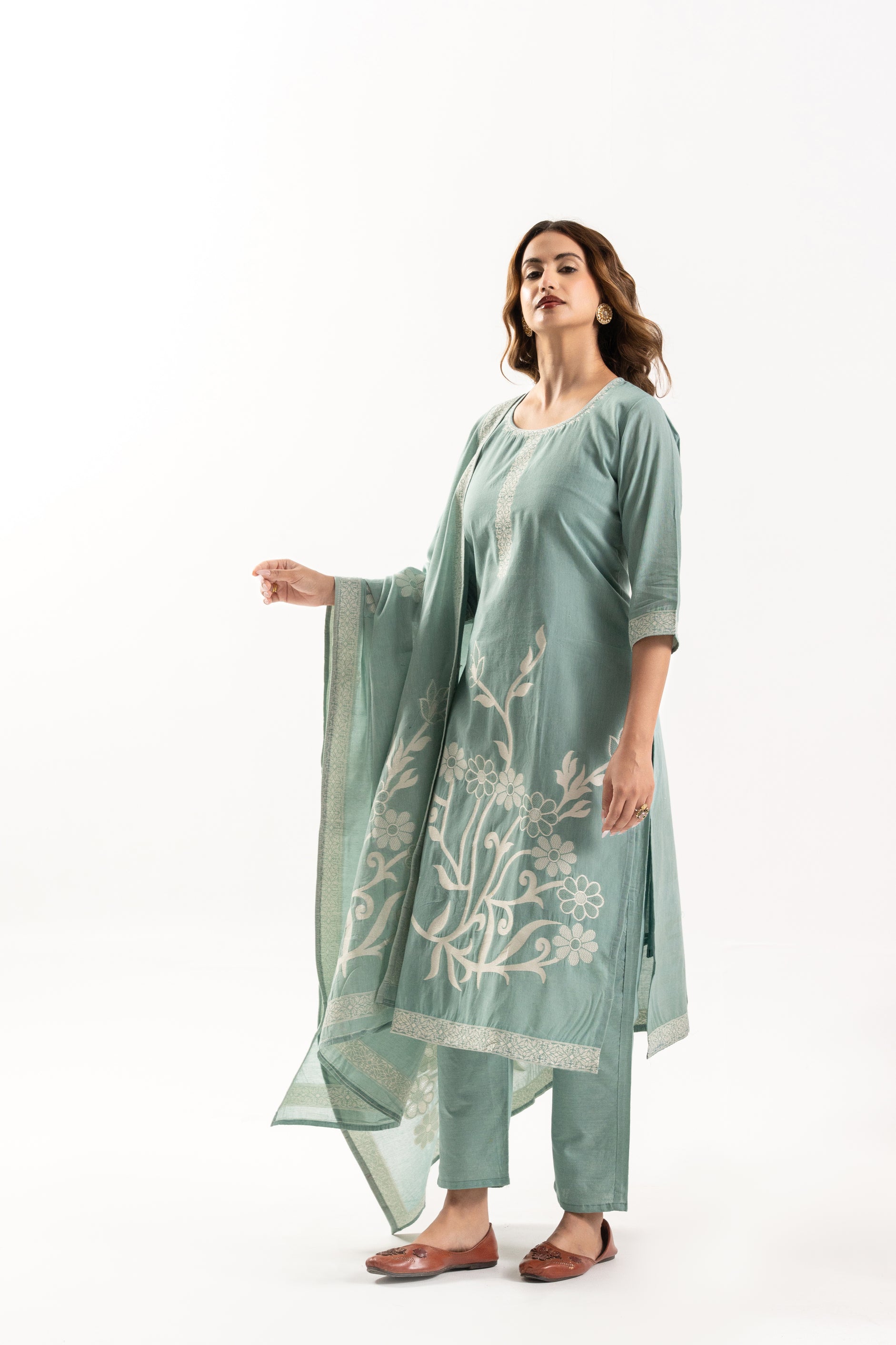 Green Floral Cotton Kurta Set with Matching Dupatta