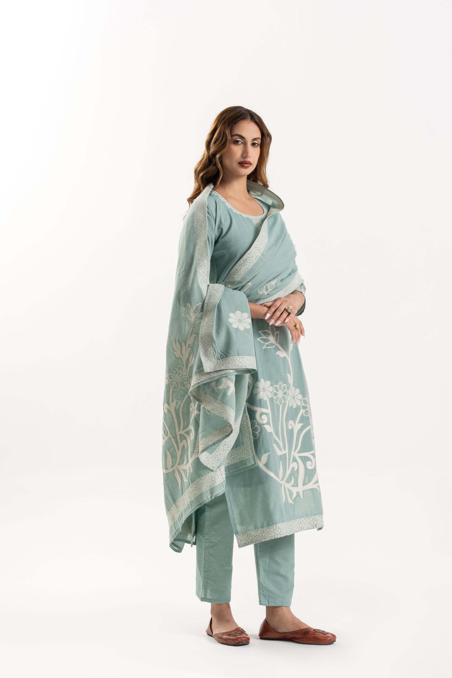 Green Floral Cotton Kurta Set with Matching Dupatta