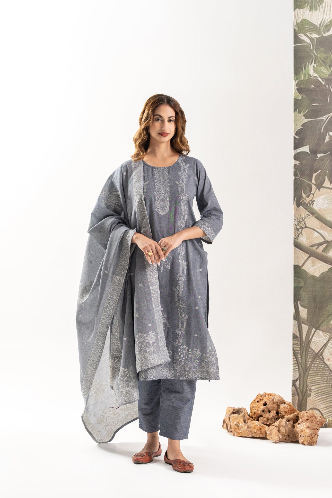 Grey Jacquard Print Cotton Kurta Set with Dupatta