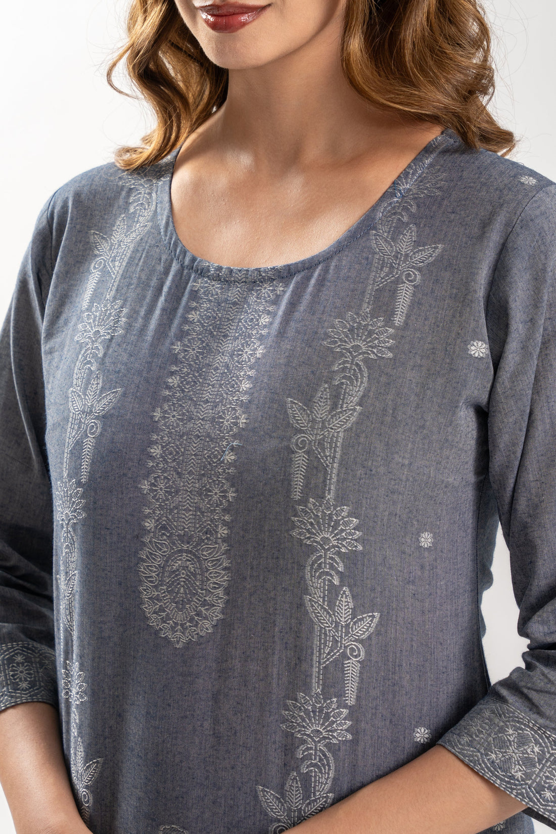Grey Jacquard Print Cotton Kurta Set with Dupatta