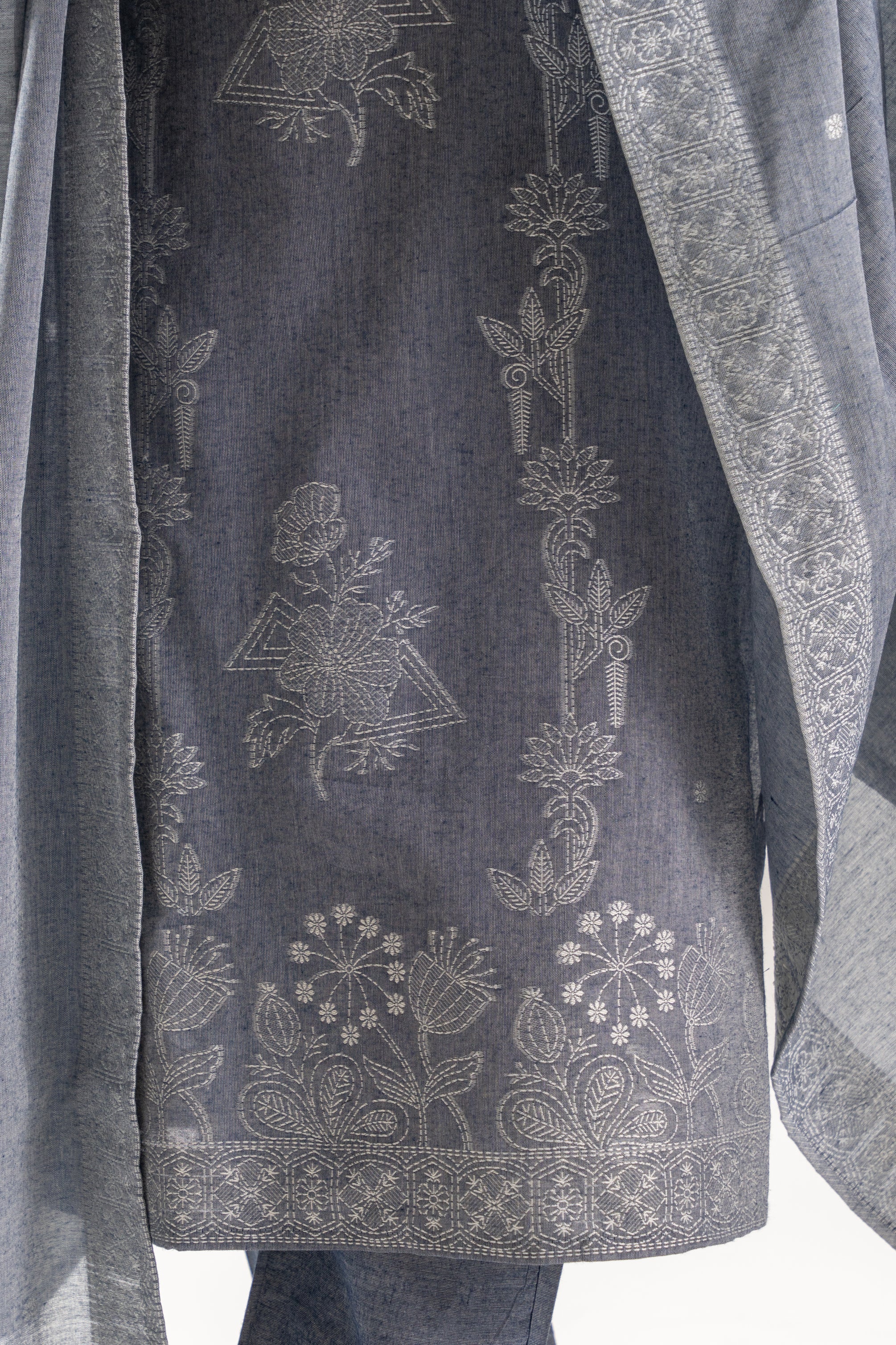 Grey Jacquard Print Cotton Kurta Set with Dupatta