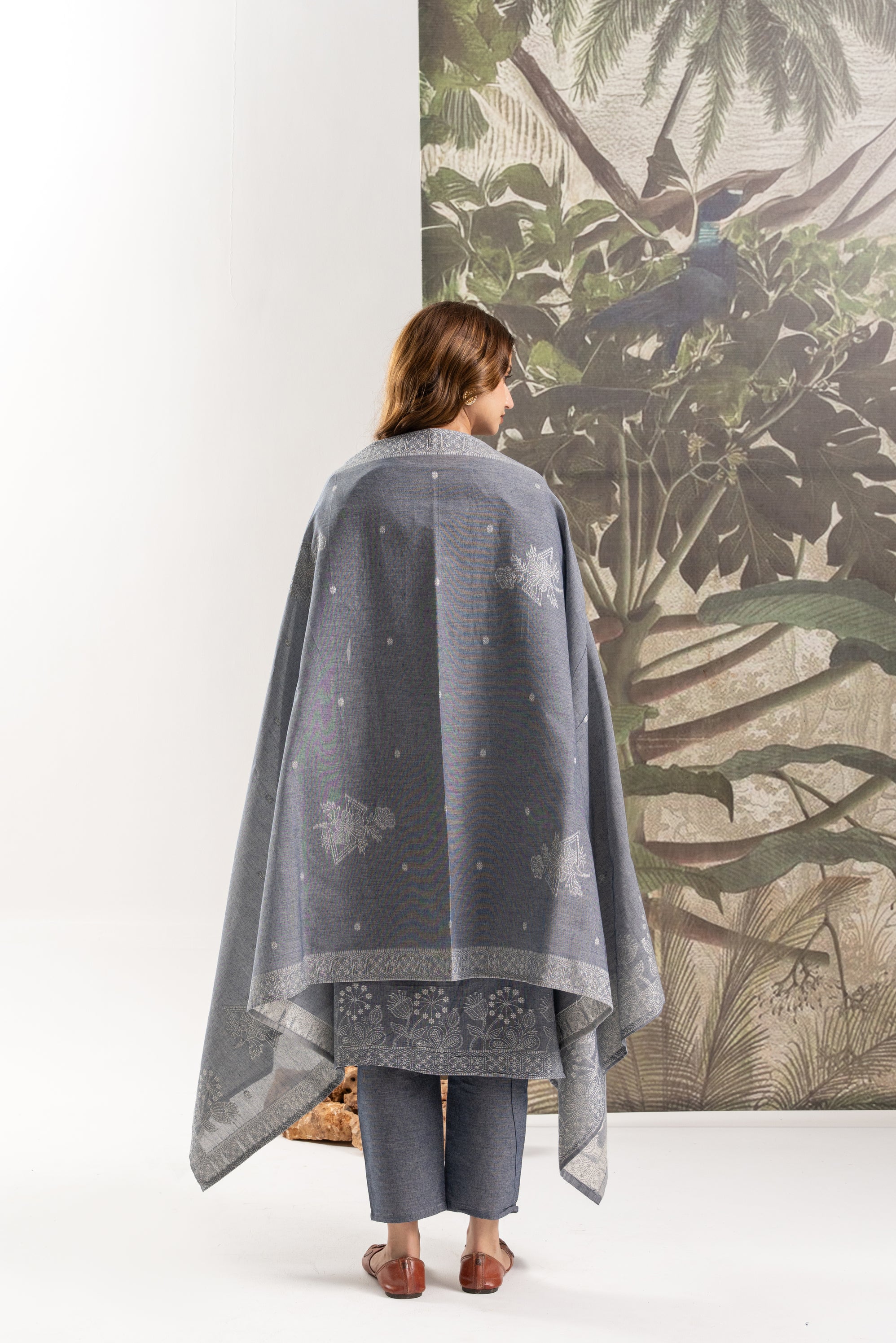 Grey Jacquard Print Cotton Kurta Set with Dupatta