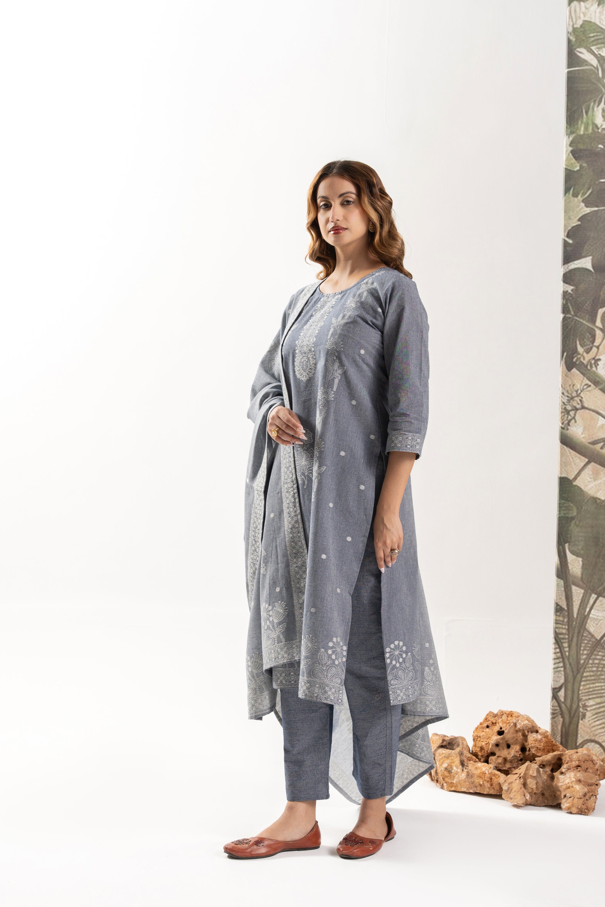 Grey Jacquard Print Cotton Kurta Set with Dupatta