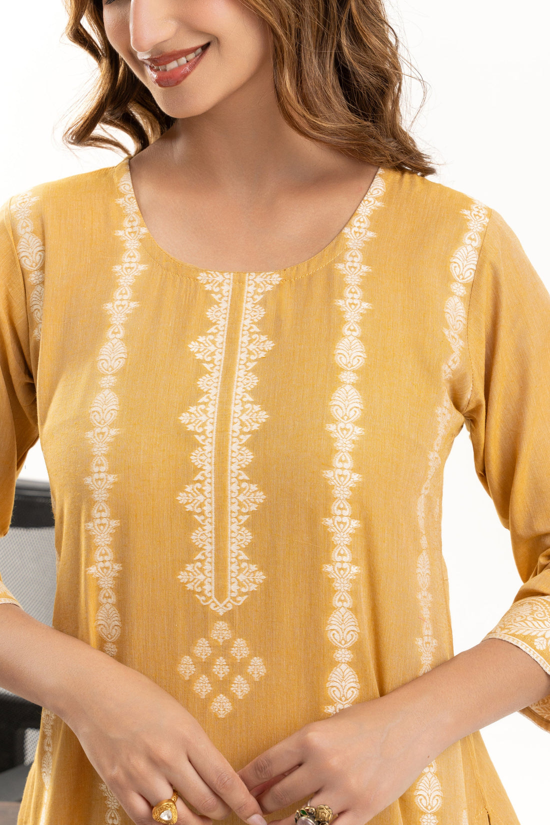 Mustard Jacquard Cotton Kurta Set with Stylish Dupatta