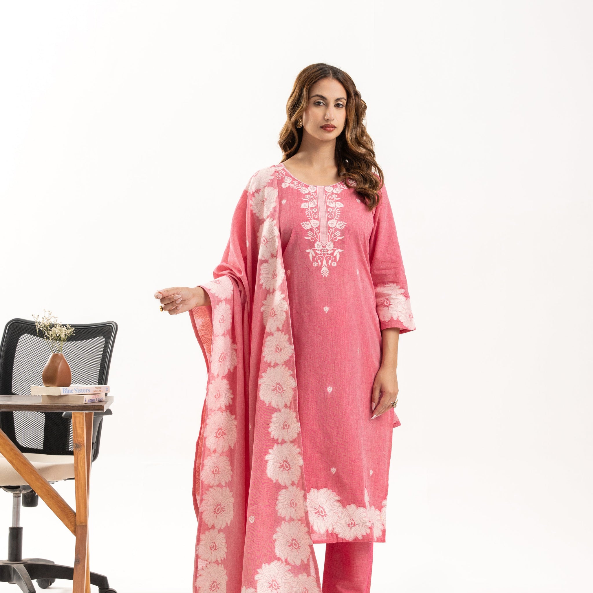 Pink Floral Jacquard Cotton Kurta Set with Dupatta