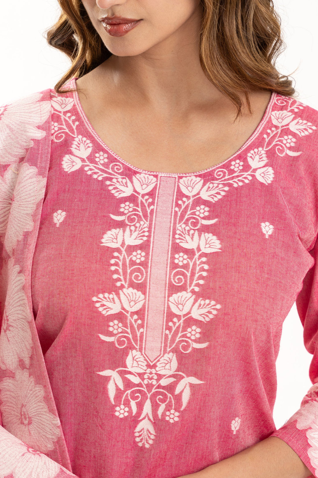Pink Floral Jacquard Cotton Kurta Set with Dupatta