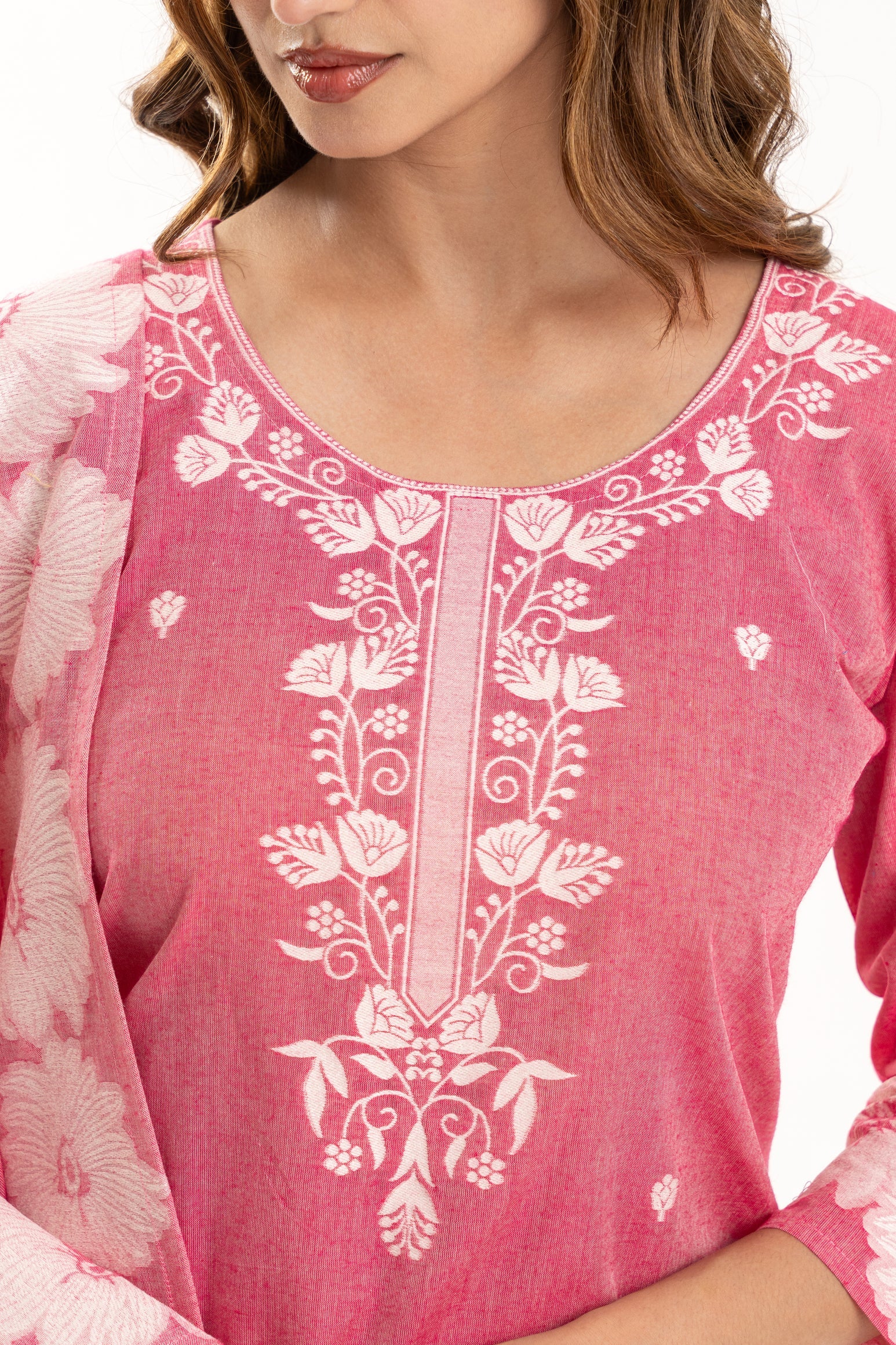 Pink Floral Jacquard Cotton Kurta Set with Dupatta