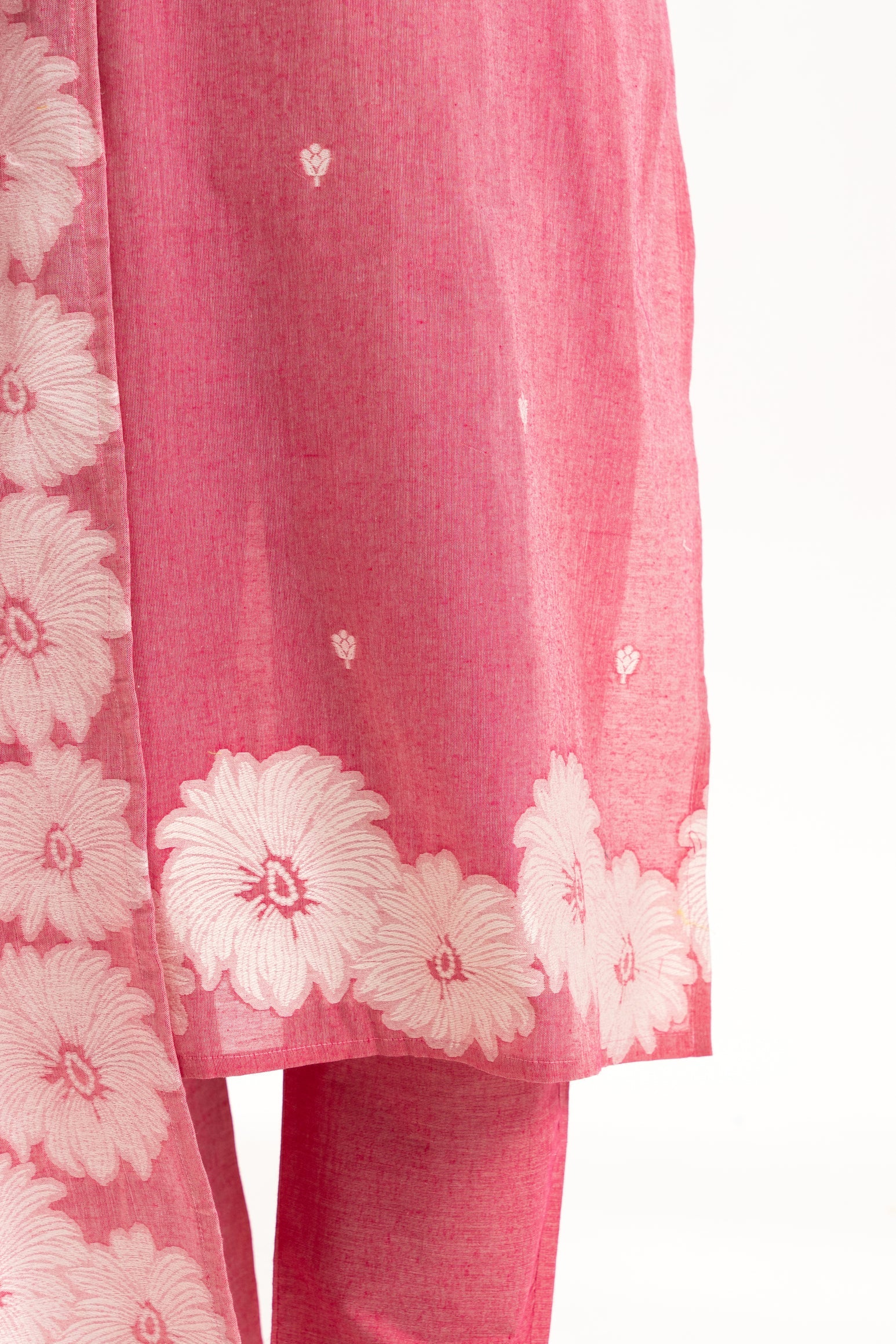 Pink Floral Jacquard Cotton Kurta Set with Dupatta