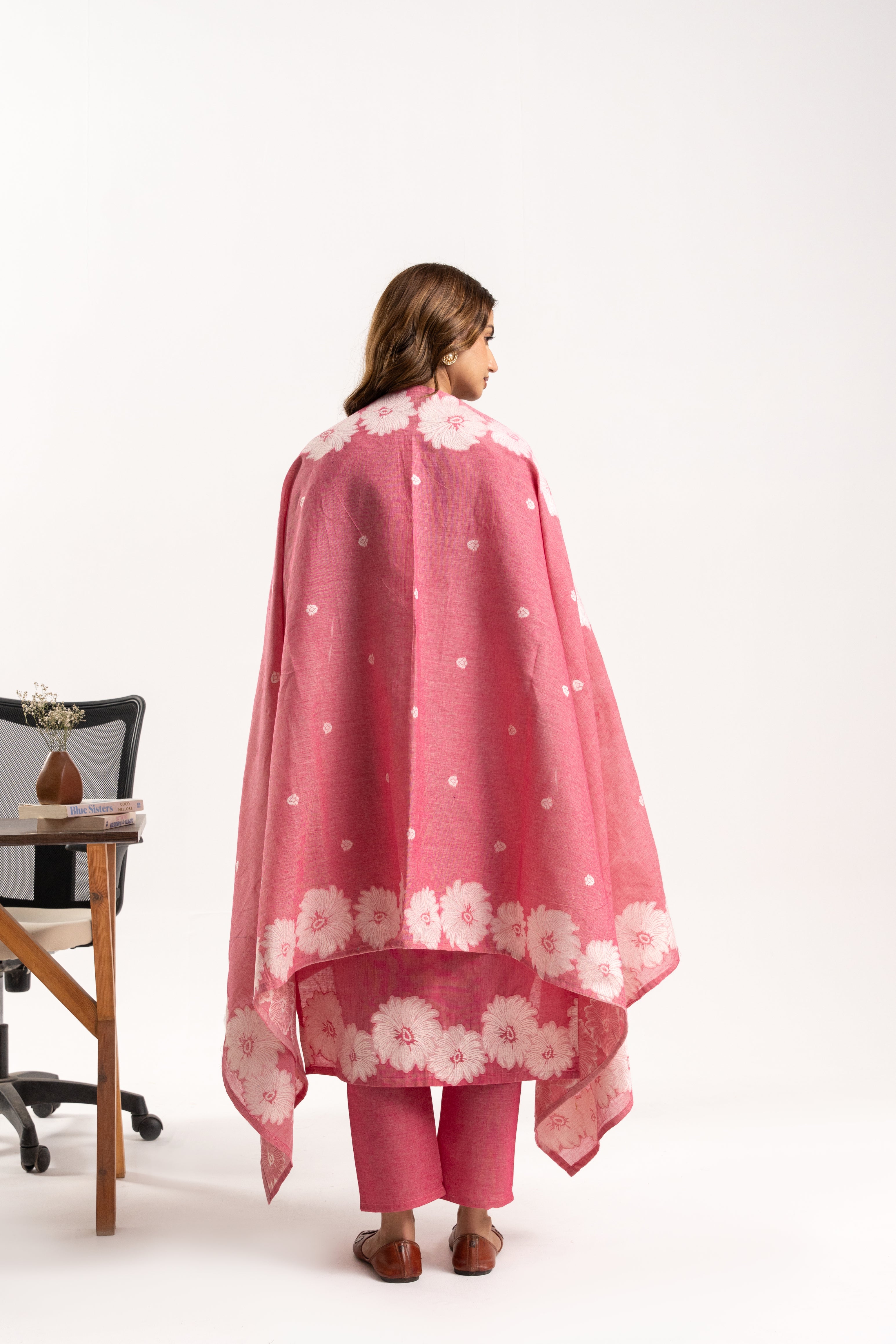 Pink Floral Jacquard Cotton Kurta Set with Dupatta