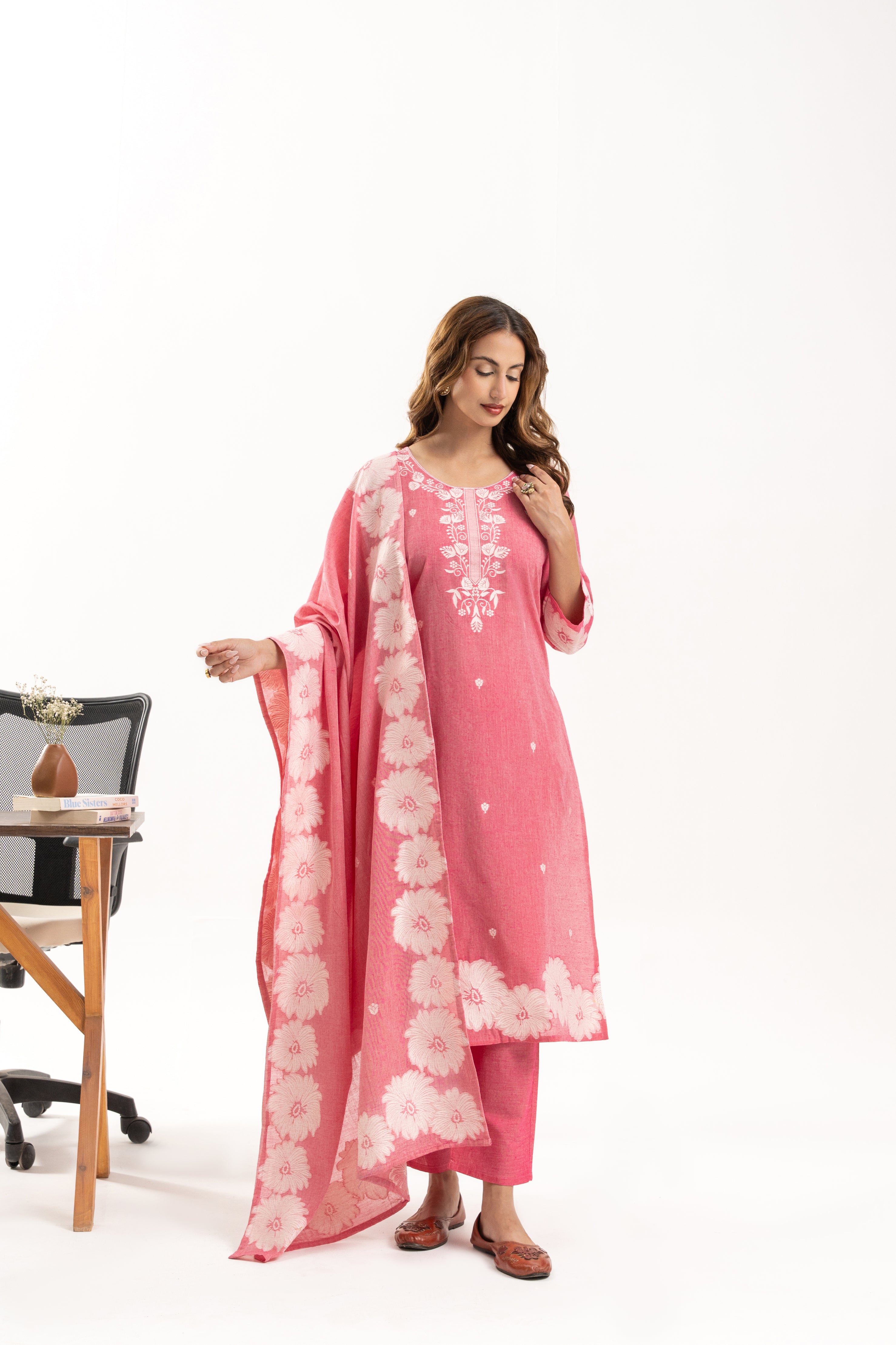 Pink Floral Jacquard Cotton Kurta Set with Dupatta