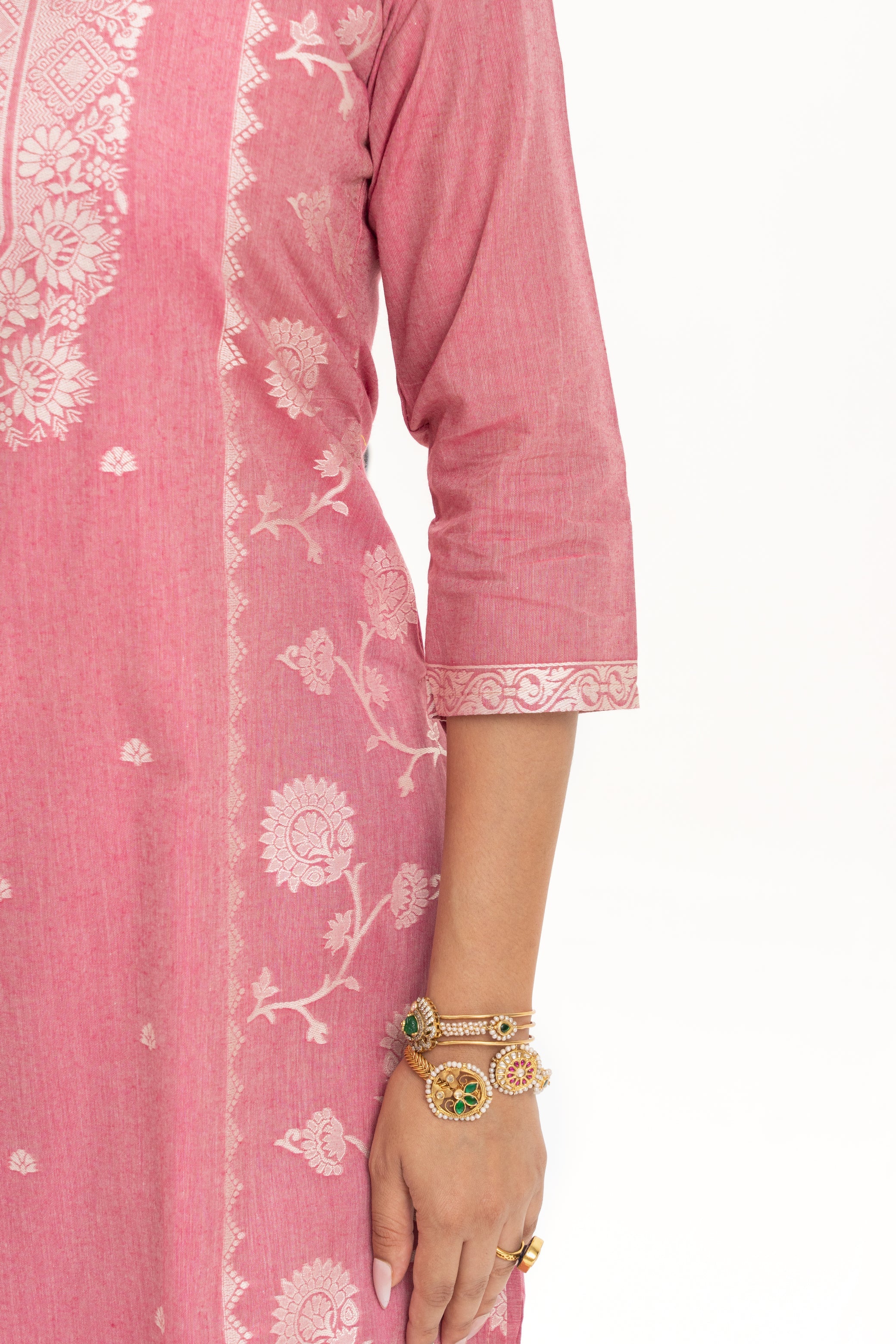 Pink Jacquard Cotton Kurta Set with Dupatta