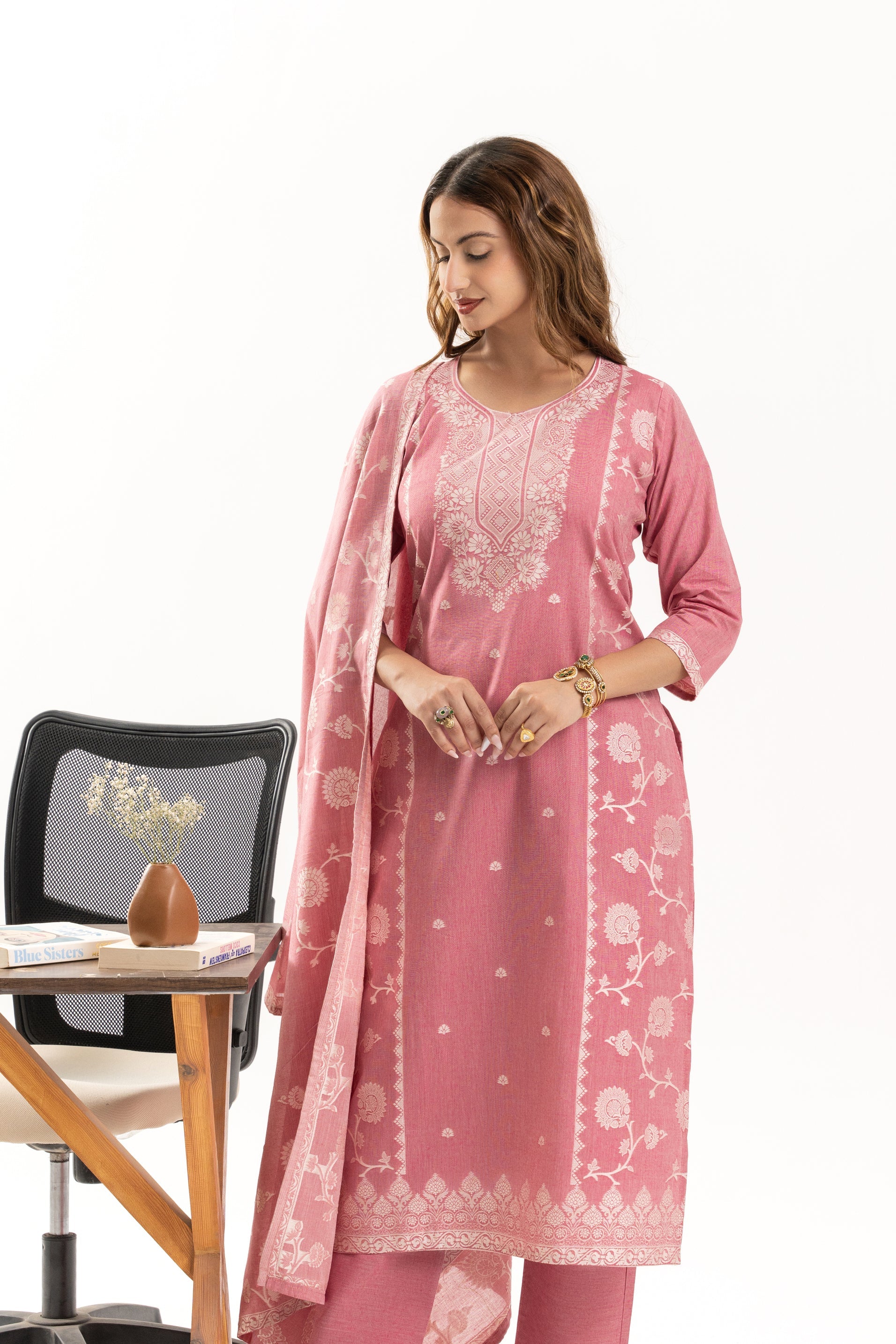 Pink Jacquard Cotton Kurta Set with Dupatta