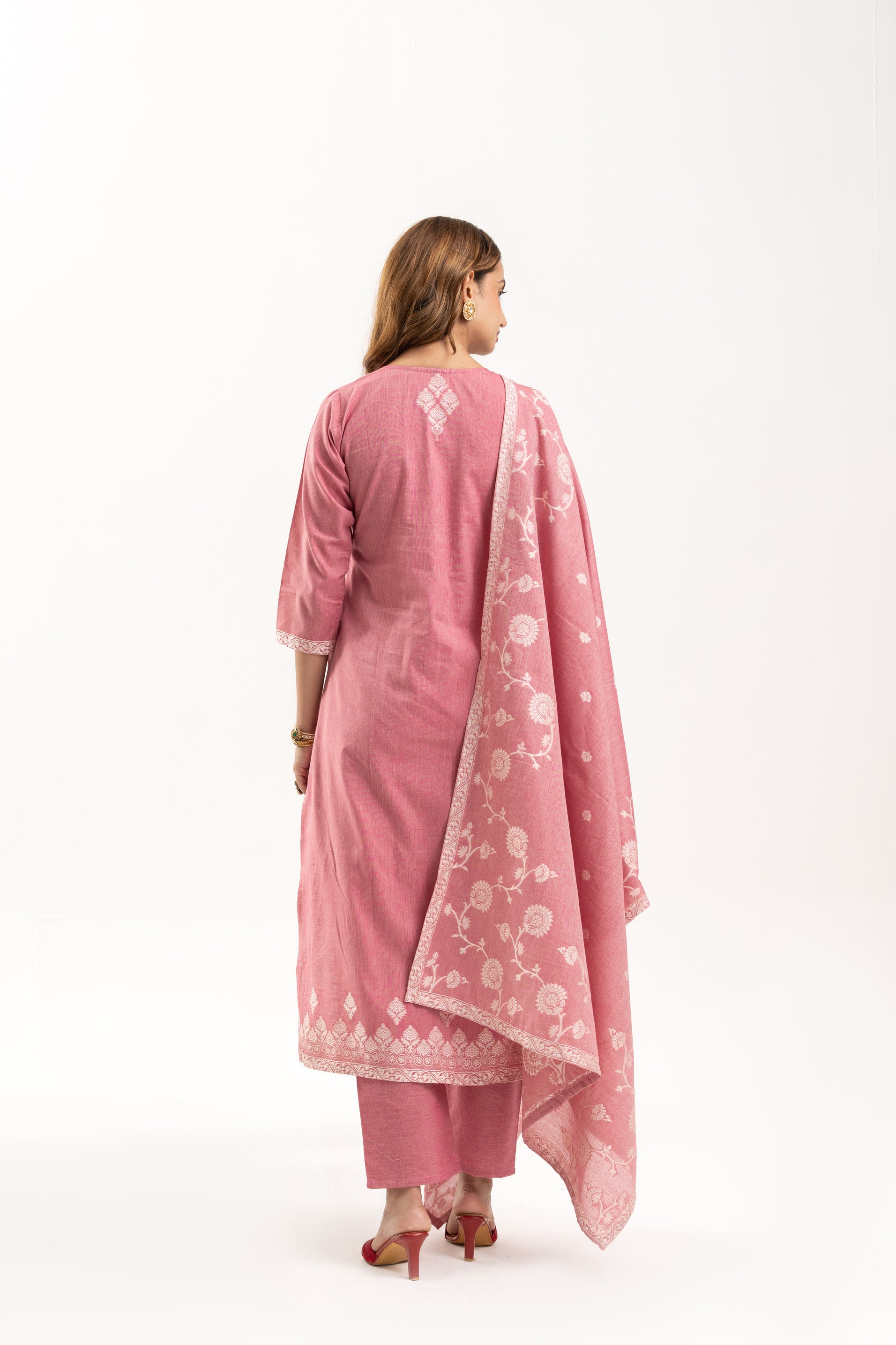 Pink Jacquard Cotton Kurta Set with Dupatta