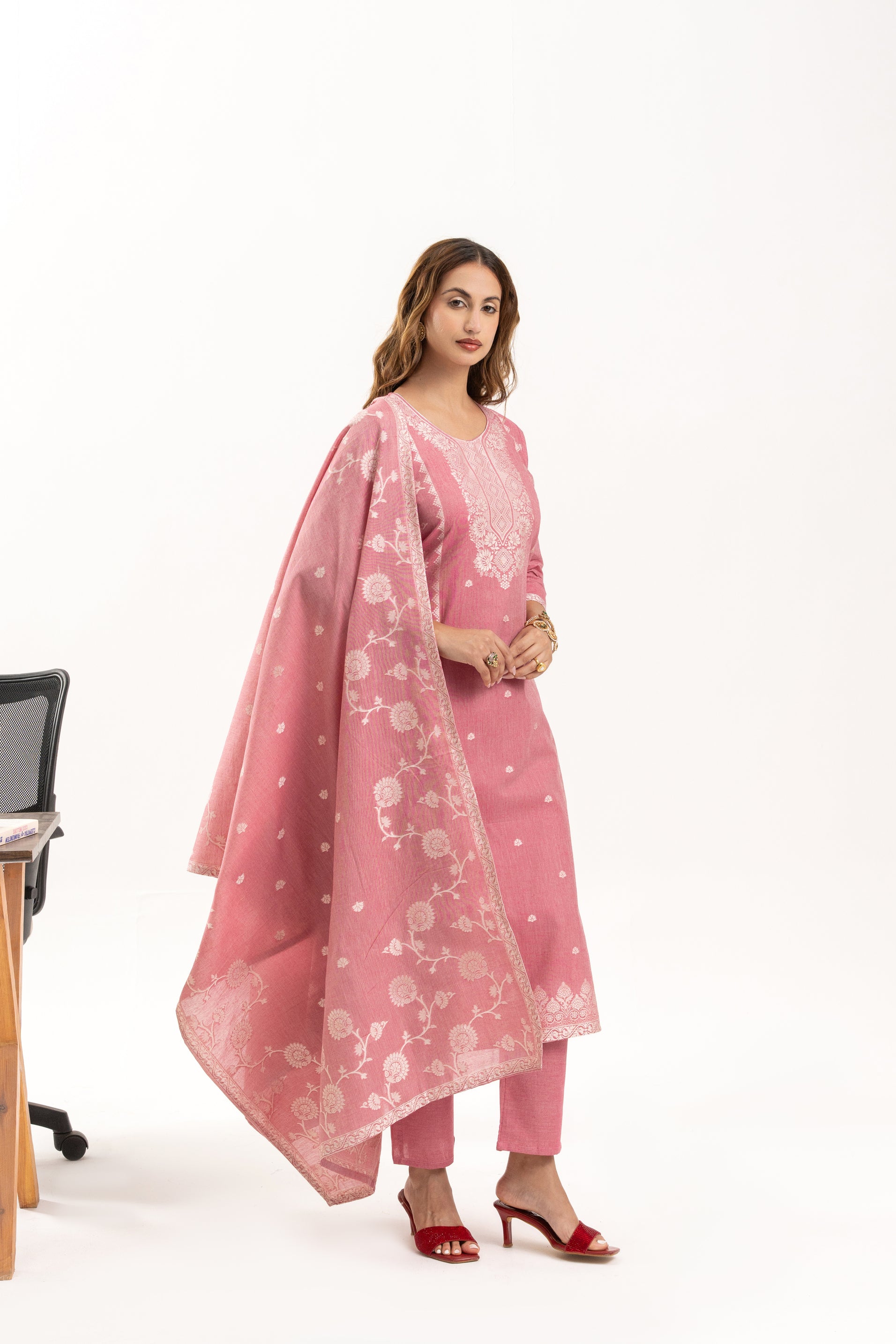 Pink Jacquard Cotton Kurta Set with Dupatta