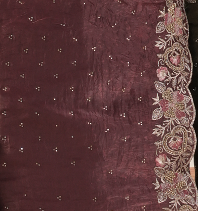 Wine Fancy Embroidered Saree with Border – Elegant Traditional Wear