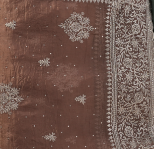 Designer Brown Saree with Silver Fancy Embroidery in Traditional Festive Wear