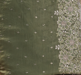 Graceful Olive Green Fancy Embroidered Saree with Silver Border – Wedding & Festive Collection