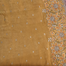 Graceful Mustard Fancy Embroidered Saree with Silver Border – Wedding & Festive Collection
