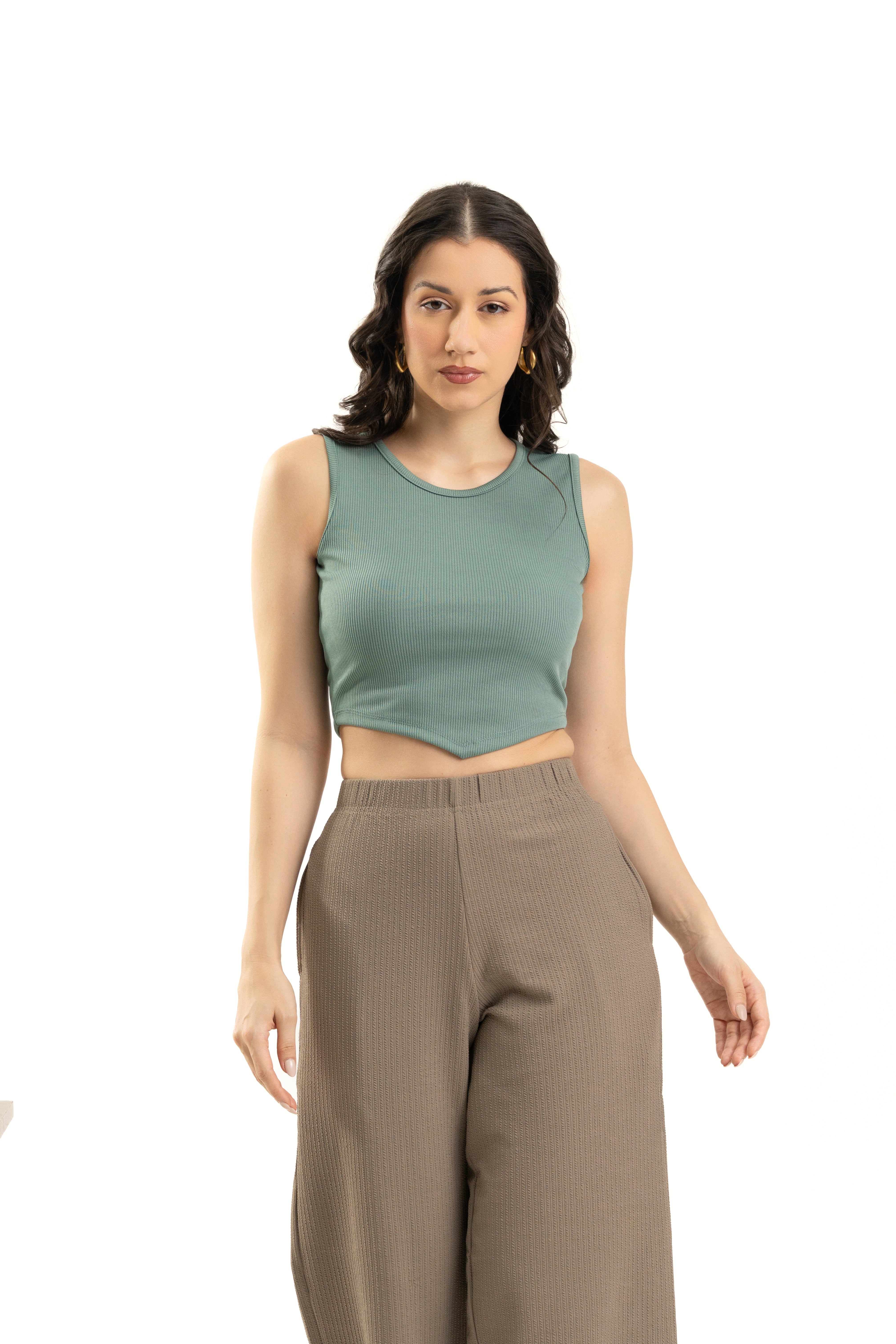 womens Ribbed Turquoise Sleeveless Crop Top