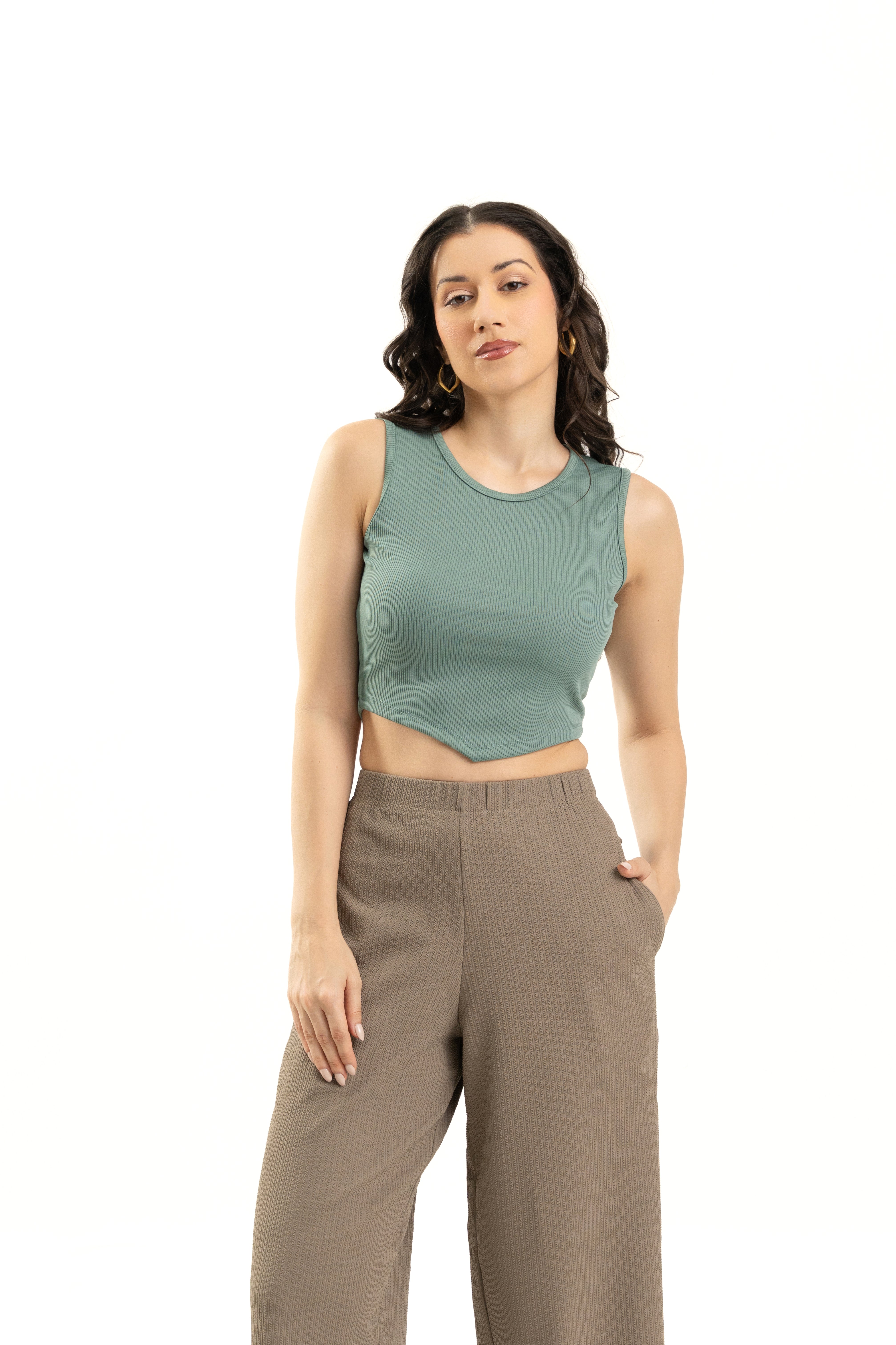 womens Ribbed Turquoise Sleeveless Crop Top